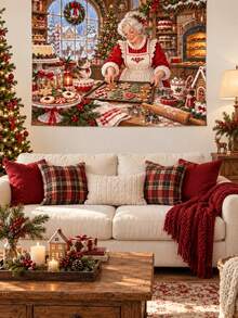 1PC Mrs Claus Holiday Bakery Horizontal Wall Tapestry, Gingerbread Cookie Candy Cane Christmas Wall Hanging, Faux Ultra-Soft Polyester Single-Sided Print, Multiple Sizes - Multicolor - View 1