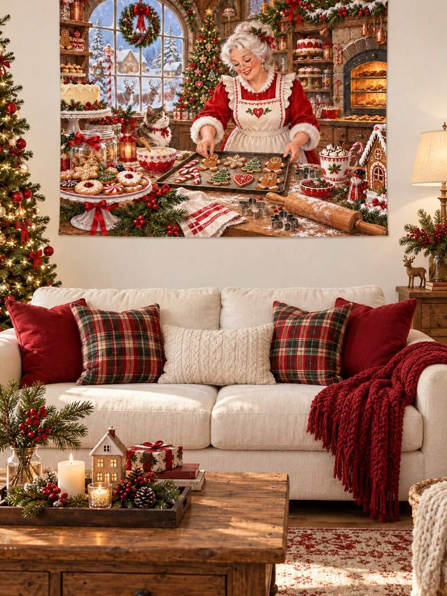 1PC Mrs Claus Holiday Bakery Horizontal Wall Tapestry, Gingerbread Cookie Candy Cane Christmas Wall Hanging, Faux Ultra-Soft Polyester Single-Sided Print, Multiple Sizes - Multicolor - View 1