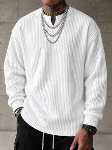 Men's American Textured Long Sleeve T-Shirt 2026 Spring/Autumn New Solid Color Casual Couple Versatile Loose Elastic V-Neck Undershirt Top - White - View 1