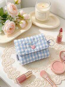 1pc Sweet Plaid Earphone Storage Pouch Heart Quilted Lipstick Bag Lightweight Earbud Holder Bag With Key Ring Portable Mini Coin Purse & Earbud Case - Multicolor - View 9