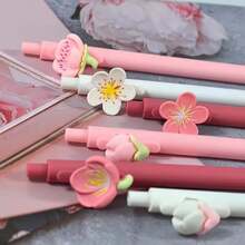 Cute Floral Gel Pen Set For Women, Pink Flower Ballpoint Pens, Kawaii Aesthetic Decorative Black Ink Pens, Fun Stationery Desk Accessories - A - View 6