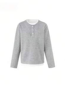 【NO RULES】メンズ ヘンリーネック ニット長袖 T シャツ 二重構造 フェイクレイヤード 柔らかい質感 ルーズシルエット 秋冬トップス ユニセックス ロンt ボーダートップス ボーダー　ロンt ヘンリーネック 秋服メンズ - グレー - チェックする 9