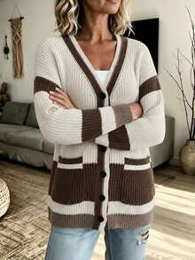 Women Plus Size Knitted Cardigan Featuring Long Drop Shoulder Sleeves V Neck Button Front Design And Convenient Pockets Ideal For Fall And Winter - Coffee Brown - View 3
