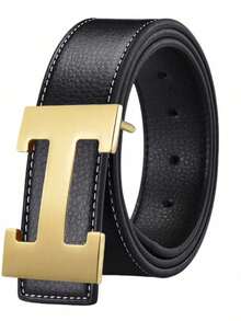 Adjustable Men Formal Belt, Polished Hollow Geometric Metal Buckle, Fine Stitching Grain Strap, Classic Waist Belt For Office & Casual Outfit - Multicolor - View 2