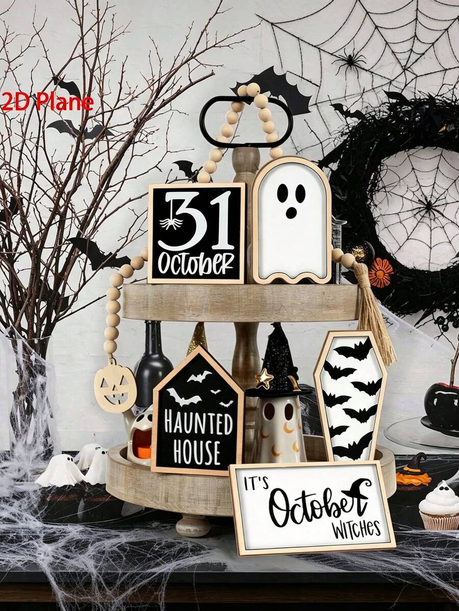Halloween Decor | 5pcs 2D Halloween Fun Decorations | Bat, Coffin, House, Ghost, October 31st Label, Autumn, Christmas