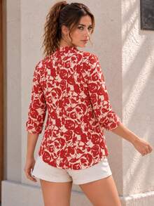 Women's Red Floral Print Button Front Blouse, Long Sleeve V Neck Shirt With Curved Hem For Work And Weekend Wear - Red - View 8