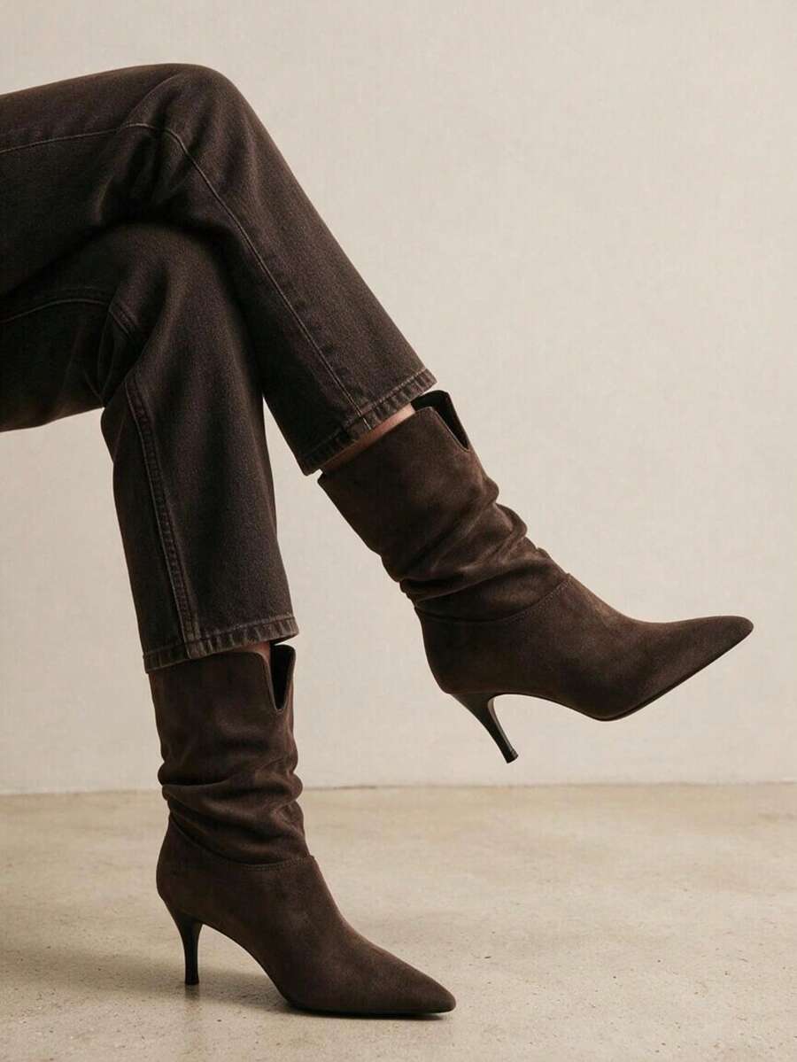 Women's 2026 New Autumn Pointed Toe Maillard Mid-Calf Western Slouch High Heel Boots - Chocolate Brown - View 1