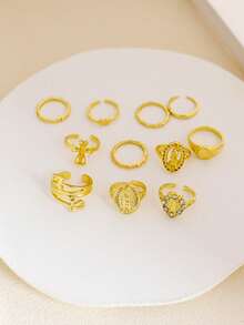 11 Piece/Set Vintage Rhinestone Portrait Cross Ring For Women Retro Inlaid Face Charm Stackable Ring Jewelry Gifts - Yellow Gold - View 3