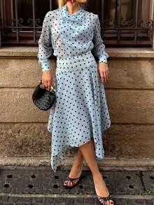 Women's Polka Dot Asymmetrical Hem 2 Pieces Set, Long Sleeve Semi-Sheer Top With Flowy Skirt, Spring Outfit, Non-Stretch Fabric, Comfortable Wear - Blue - View 6