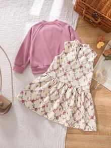 Girls 2pcs Floral Cami Dress With Knit Cardigan, 3D Flower Decor, Forest Pastoral Fresh Style, Sweet Spring/Autumn Outdoor Travel Daily Wear - Multicolor - View 4