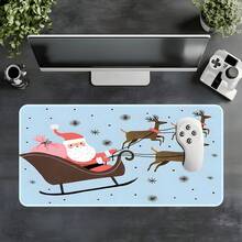 1pc Light Blue Christmas Cartoon Extra Large Extended Mouse Pad, Printed With Santa Claus, Sleigh, Reindeer And Snowflake Patterns, Non-Slip Rubber Bottom, Stitched Soft Fabric Keyboard Desk Mat, Suitable For Office, Gaming And Christmas Gift - View 11