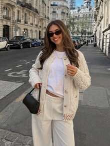 Cable Knit Button Front Cardigan, Round Neck, Long Sleeves, Soft Beige Sweater Cardigan For Women, Elegant Cozy Fall Everyday Layering Top - Apricot - View 2