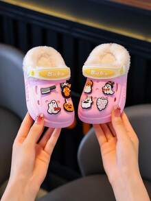 Halloween Cartoon Ghost Pumpkin Charm Fuzzy Lined Clogs For Toddler Kids, Warm Plush Slip On Winter Garden Slippers Non-Slip Thick Sole House Shoes - Pink - View 6