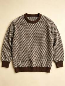 Sweater Rajut Pullover Kasual Vintage Serbaguna Motif Garis Houndstooth Geometris Berlian untuk Pria Musim Gugur/Dingin - Coklat - View 7