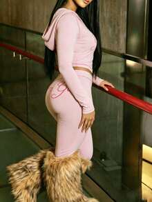 Spring Sexy 2 Pieces Long Sleeve Printed Zip-Up Jacket And Pants Set For Vacation And Outings - Pink - View 2