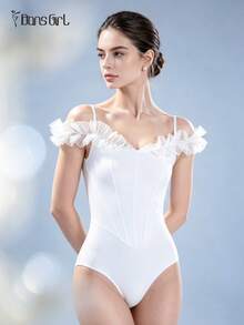 DonsGirl 1pc Women's Ballet Leotard With Pelvic Waist And Romantic Chiffon Straps, Elegant Princess Style, Suitable For Stage Performance And Daily Dance - White - View 11