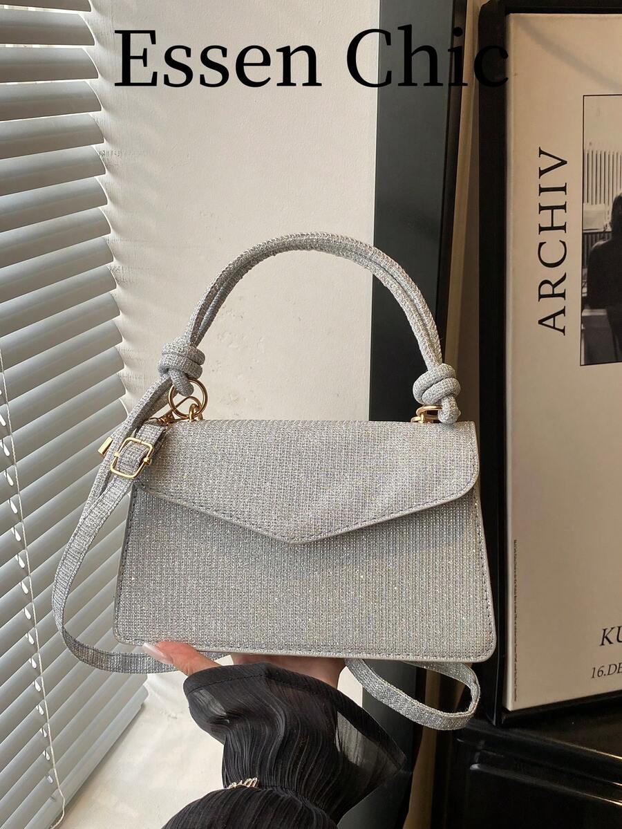 1件女款銀色純色小方型手提包，可作為單肩包或斜挎包攜帶 - 銀色 - 查看 1