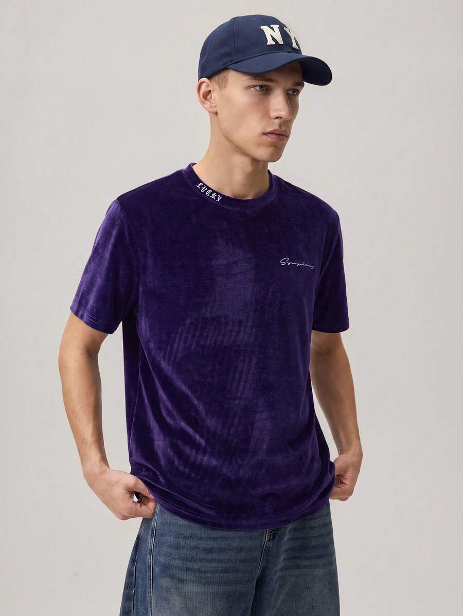 Vaulklash Men's Fleece Letter Printed T-Shirt - Purple - View 1