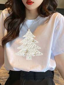 Plus Size Women's Casual Short Sleeve T-Shirt, Decorated With Pearl Christmas Tree Pattern, Holiday Decorative Print, Loose Round Neck, White, Machine Washable, Suitable For Spring And Summer Wear - White - View 3