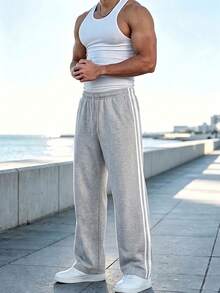 American Street Style Side Stripe Sweatpants, Straight Leg Draped Casual Pants For Men, Versatile Grey Sports Long Pants For Daily Commute/Sports - Light Grey - View 1