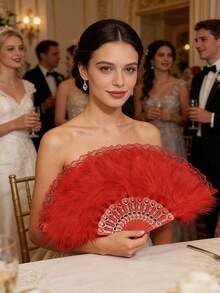 1pc Vintage Women's Feather Tassel Decorated Chinese Folding Fan, Suitable For Stage Elegant Halloween, Wedding Bride, Cosplay, Photo Props - Folding Feather Fan - View 9