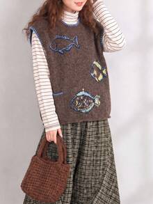 Rompi Sweater Rajut Leher Bulat Motif Ikan Jacquard Musim Gugur/Dingin Wanita, Sedikit Elastis, Panjang Reguler, Gaya Jalanan - Coffee Brown - View 4