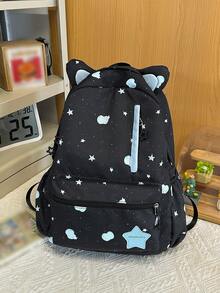 Backpack Cute Cat Ear Apple Star Print Backpack Large Capacity Lightweight School Bag For Teen Girls Daily Campus Travel - Multicolor - View 3