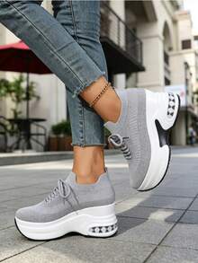 WTKMRSSTEP Spring/Summer New Women's Thick Sole Lace-Up Casual Shoes, Breathable Commuter Versatile Sneakers - Grey - View 4