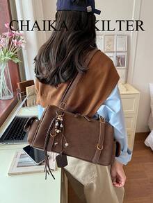 1pc Solid Color Pillow Buckle Suede Fabric Shoulder Bag Suitable For Commuting, Shopping, Etc. (With Pendant) - Coffee - View 9