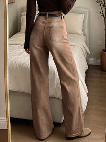 High Waist Washed Stretch Straight Leg Jeans, Casual Comfortable Daily Wear - Brown - View 4