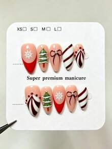 10pcs Pure Handmade Almond Multicolor Press On Nails, Christmas Sweet Style, Red French Tip, Snowflake & Christmas Tree, Bow And Candy Stripe Patterns For Women And Girl,Spring Summer Fall Winter Festivals Party And Daily Life Use - Multicolor - View 1