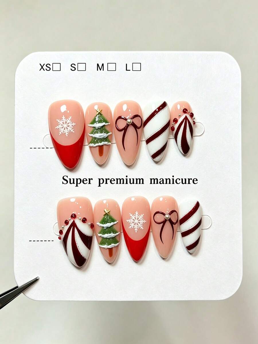 10pcs Pure Handmade Almond Multicolor Press On Nails, Christmas Sweet Style, Red French Tip, Snowflake & Christmas Tree, Bow And Candy Stripe Patterns For Women And Girl,Spring Summer Fall Winter Festivals Party And Daily Life Use - Multicolor - View 1