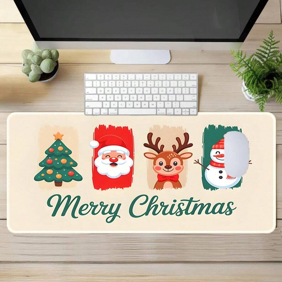 1pc Cream White Christmas Cartoon Extra Large Extended Mouse Pad, Printed With Christmas Pattern, Non-Slip Rubber Bottom, Stitched Soft Cloth Keyboard Desk Mat, Suitable For Office, Gaming And Christmas Gift - View 1