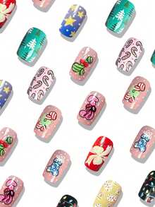 24pcs Square Press On Fake Nails Colorful Medium Long Nail Christmas Lights And Candy Canes Nails Christmas Nails - Multicolor - View 2