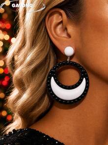 European And American Style Geometric Star Earrings For Women, Autumn Personalized Acrylic Color-Block Patchwork Long Pendant Earrings, Fashionable Ear Jewelry - Eccentric Circle White Black - View 1