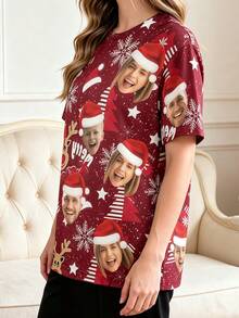 1 buah Kaos Lengan Pendek Leher Bulat Unisex Kustom Multi-Foto Warna Burgundy Motif Rusa Kutub dan Kepingan Salju, Hadiah Natal - MultiWarna - View 5