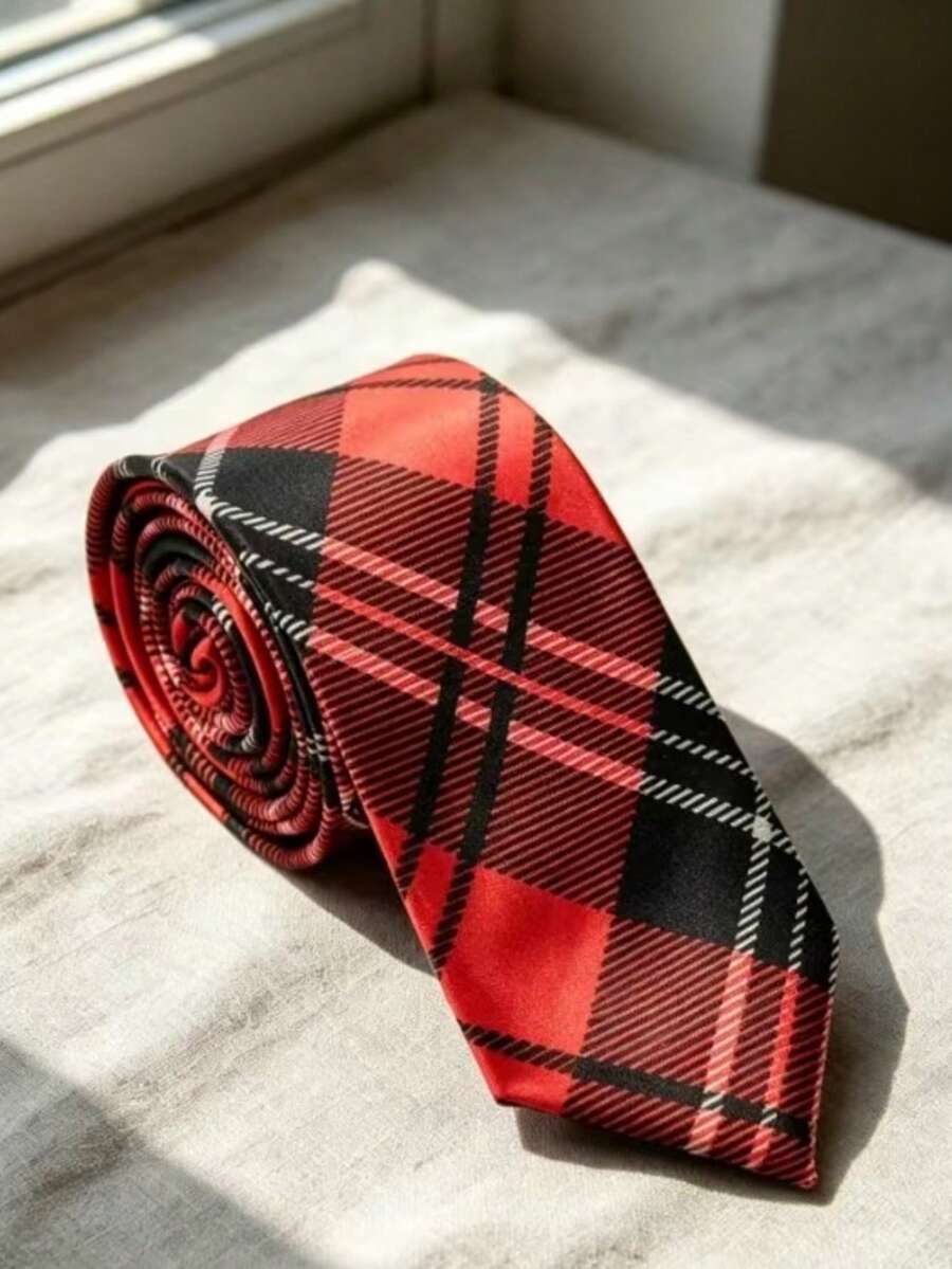 Red Plaid Striped Men's Tie, Preppy Style Accessory, Suitable For Dating, Wedding, Hosting And Multiple Occasions, Wholesale - Red - View 1