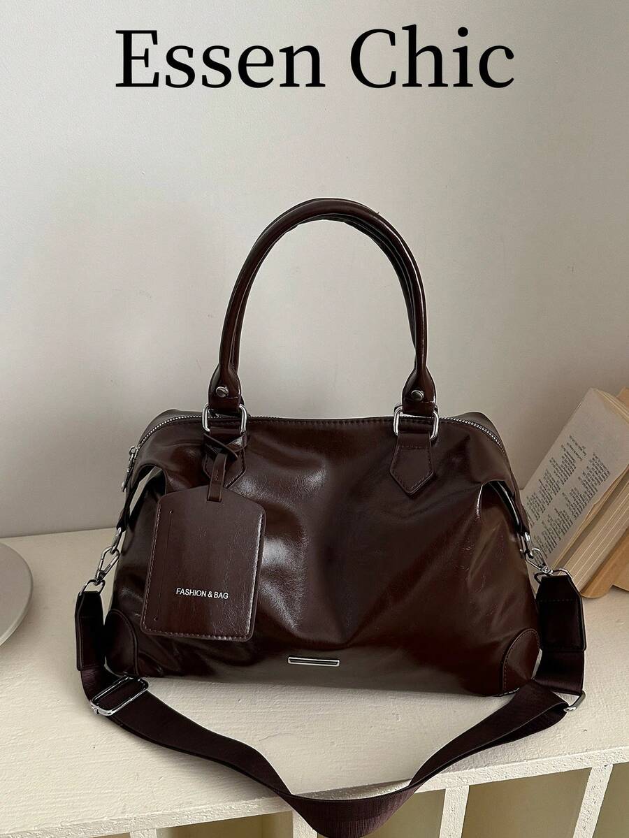 1pc Coffee Brown Large Capacity Solid Color PU Tote Bag Women's Shoulder Crossbody Bag