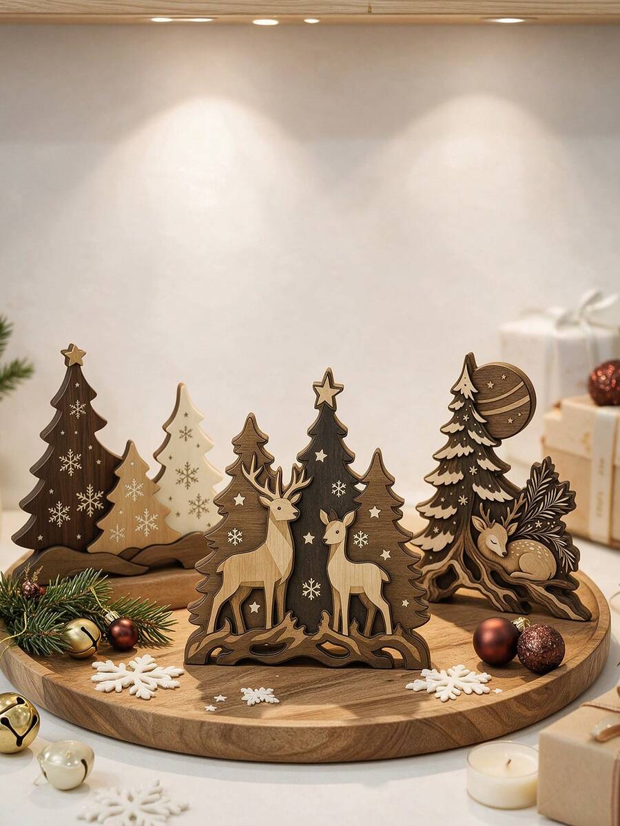 3pcs Christmas Wooden Forest Reindeer Tabletop Centerpiece, Layered Wooden Christmas Tree Hanging Decor, Holiday Party Home Desktop Bookshelf Winter Decoration - Multicolor - View 1