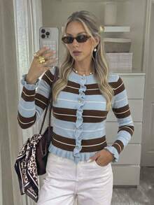 Plus Size Women Fall Winter Multicolor Striped Ruffle Trim Knit Cardigan , Casual Daily Long Sleeve Vacation For Women Fashion Top - Blue - View 7