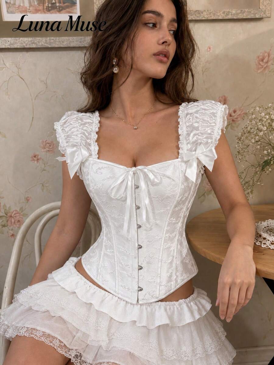 Luna Muse Damen Halloween Korsett Bustier Top, Gothic Court Stil Puffärmel Slim Fit Shaping Bustier, dunkel sexy auffällig, kurzes quadratisches Ausschnitt Tank Top cool raffiniert geeignet für Alltag, Lässig, Party, Urlaub, Date, Straße, Performance, Kostüm, Outdoor, Schulanfang, Punk, Gothic, Musikfestival, Halloween, Valentinstag, Sommerparty, Clubbing, Coachella, Partywear - Weiss - Übersicht 1