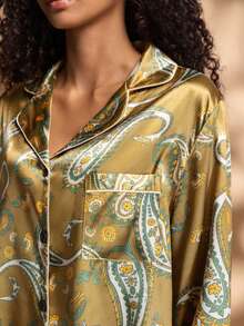 2pcs Women's Lapel Long Sleeve Top And Pants Pajama Set, Cashew Flower Print - Olive Green - View 7