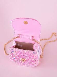 1pc Mini Kids Shiny Sequin Crown Mesh Bow Decor Flap Casual Handbag Chain Crossbody Bag Coin Purse For Girls, Suitable For Daily Outings And Holiday Use - Pink - View 4