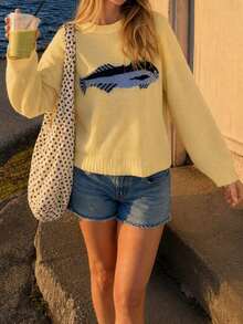Casual Women's Yellow Fish Print Jacquard Sweater, Long Sleeve Pullover With Regular Length, Slightly Stretchy And Fabric For Everyday Comfort Fall - Yellow - View 2