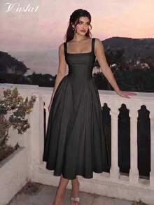 Dirp Noir Women's Elegant Plaid Square Neck Wide Strap Ruched Mid-Length Dress For Autumn, National Day, Graduation, Back To School, Party - Black - View 3