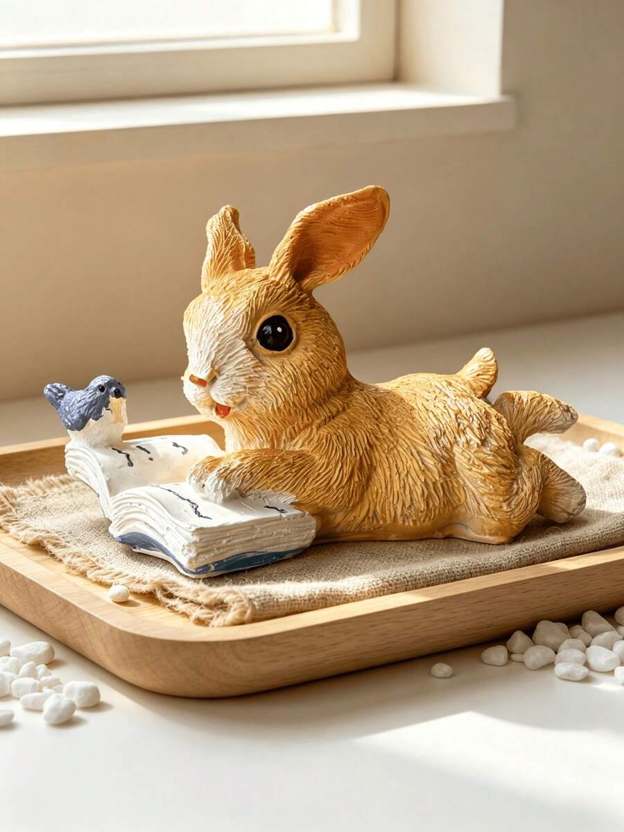 1pc Rabbit Reading Book With Bird Statue, Cute Lying Rabbit Sculpture, Creative Animal Decor, Aesthetic Mini Ornament, Suitable For Home Living Room Bedroom Office Desk Bookshelf Windowsill Decoration, Kawaii Cartoon Style Collectible Gift - Multicolor - View 1