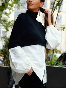 Women's Comfortable Casual Colorblock Patchwork College Style Blouse, Commute Daily Shirt - Black and White - View 4