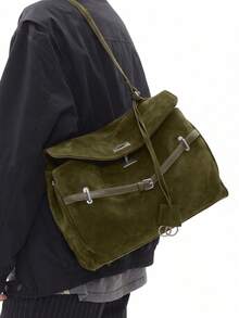 Fashionable Retro Large Capacity Shoulder Tote Bag With Buckle, Expandable Sides, Decorative Pendant, Suitable For Commuting - Army Green - View 3