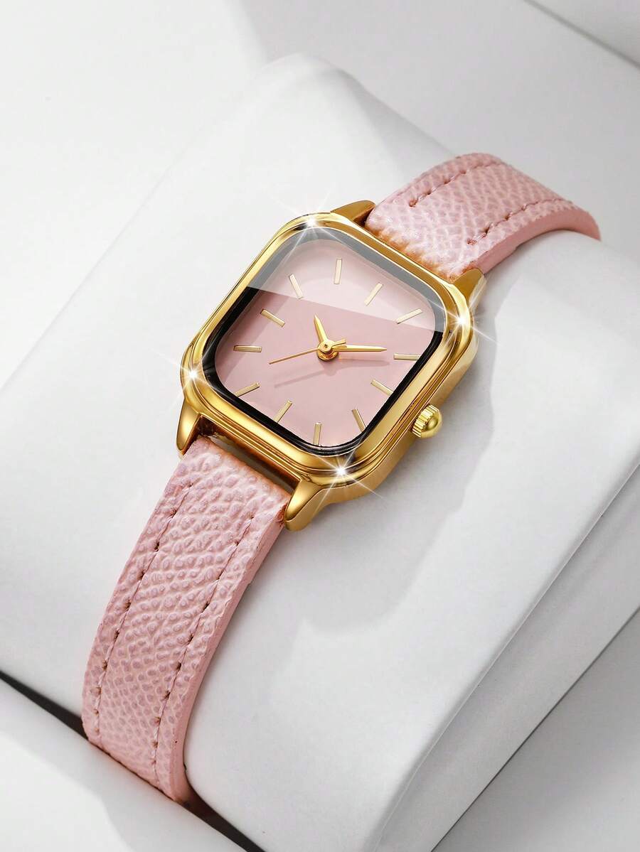 Women's Gift Watch With Embossed PU Leather Strap, Square Minimalist Dial With Markings, Light Luxury Niche Wristwatch, Gift For Best Friend (1pc/Set) Watch Box Not Included - Pink - View 1