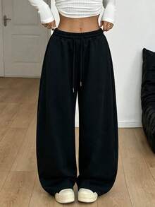 Y2K Style Loose Rhinestone Letter Sweatpants, Autumn Shiny Rhinestone Print Elastic Waist Wide Leg Cuffed Pants, Retro Street Casual Women's Pants - Black - View 4